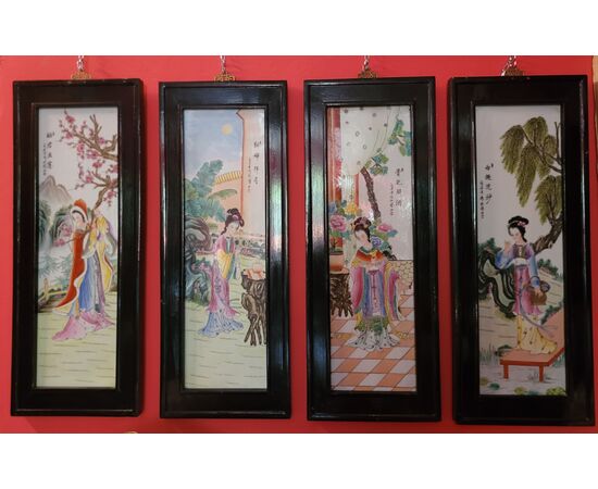 4 decorazioni su ceramica Cina Epoca '900 cornice legno ebanizzato
