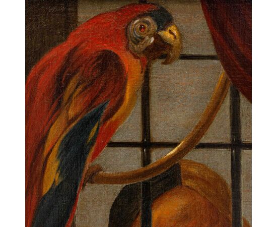 Carstian Luyckx (1627-1675 circa), Natura morta con pappagallo, scimmia e personaggio dietro la finestra