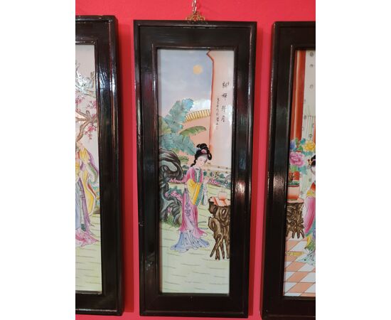 4 decorazioni su ceramica Cina Epoca '900 cornice legno ebanizzato