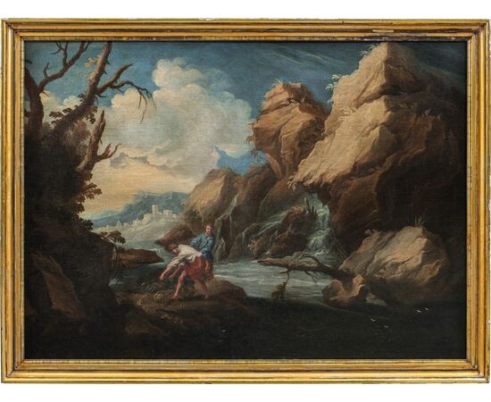 Pittore italiano (XVII-XVIII secolo) - Paesaggio fluviale con pescatori. 