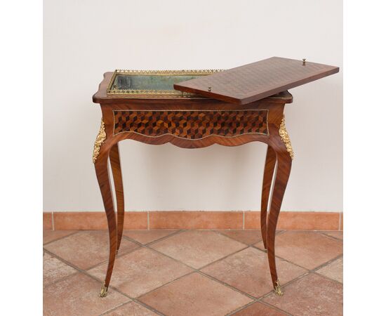 Tavolino-Fioriera antica Napoleone III Francese in legni policromi con applicazioni in bronzo dorato periodo XIX secolo.