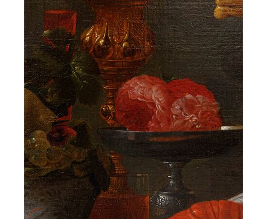Carstian Luyckx (1627-1675 circa), Natura morta con pappagallo, scimmia e personaggio dietro la finestra