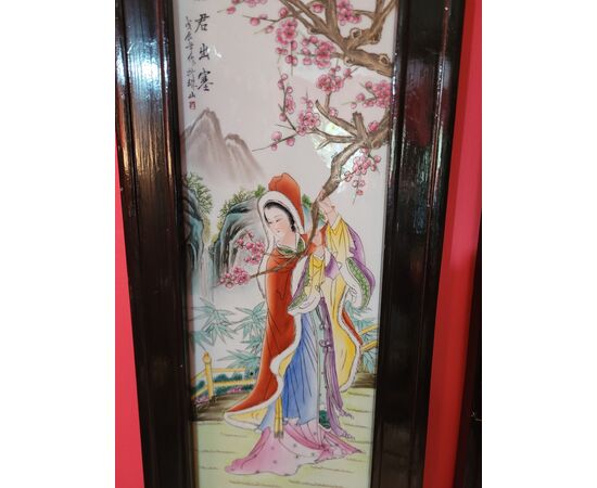 4 decorazioni su ceramica Cina Epoca '900 cornice legno ebanizzato