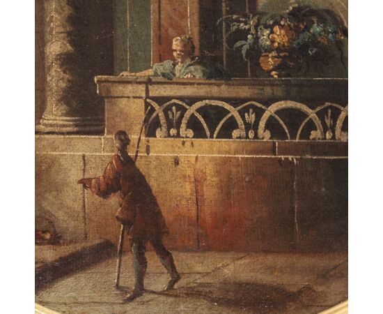 Dipinto italiano veduta con architetture e personaggi del XVIII secolo
