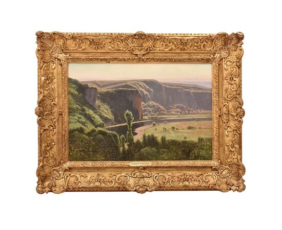 DIPINTI ANTICHI PAESAGGI E FIUME, VALLE DI CORREZE, DIDIER POUGET, OLIO SU TELA, INIZIO XX. (QP657)   