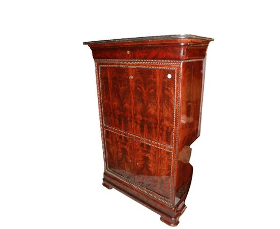 Secretaire stile Carlo X in Piuma di Mogano Francese del 1800 con Marmo