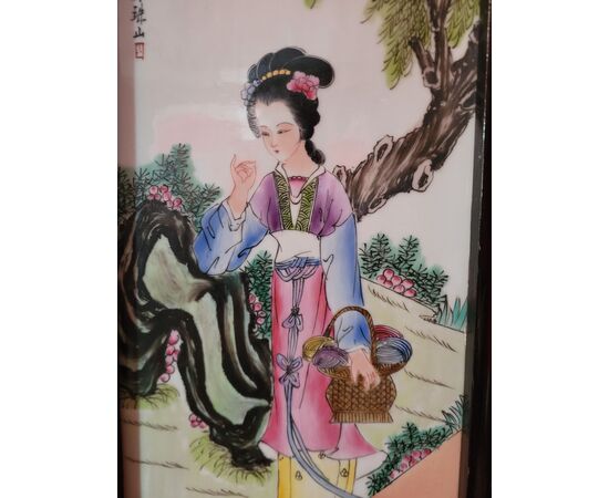 4 decorazioni su ceramica Cina Epoca '900 cornice legno ebanizzato