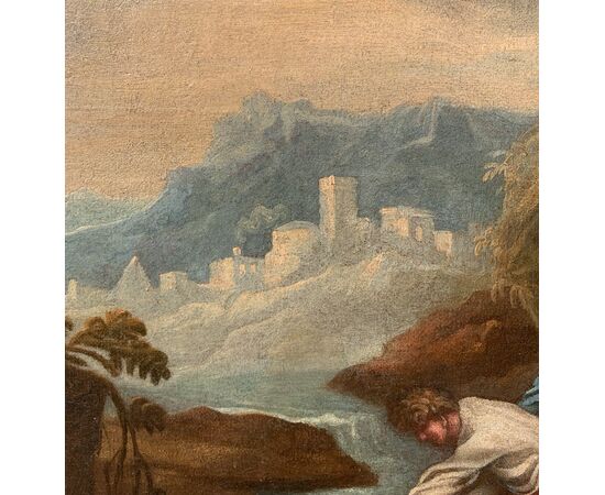 Pittore italiano (XVII-XVIII secolo) - Paesaggio fluviale con pescatori. 