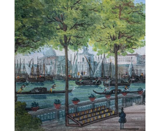 Pittore veneziano (inizio XIX sec.) - Venezia, veduta dei giardini con la Coffee House verso la Basilica di S. M. della Salute.
