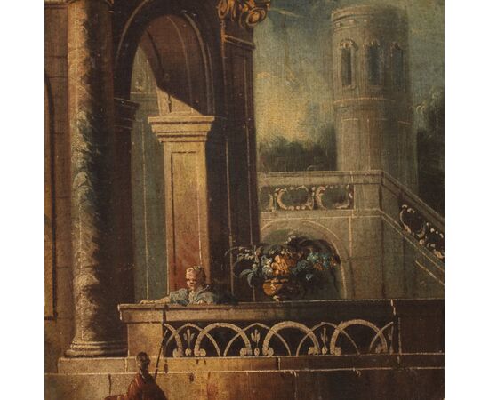Dipinto italiano veduta con architetture e personaggi del XVIII secolo