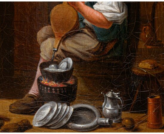 Cerchia di David Teniers (Anversa, 1610 – Bruxelles, 1690), Interno con figure di popolani 