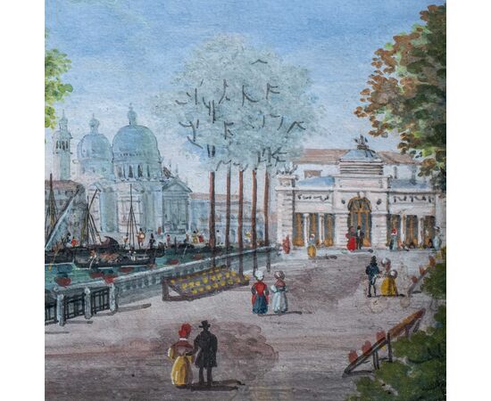 Pittore veneziano (inizio XIX sec.) - Venezia, veduta dei giardini con la Coffee House verso la Basilica di S. M. della Salute.
