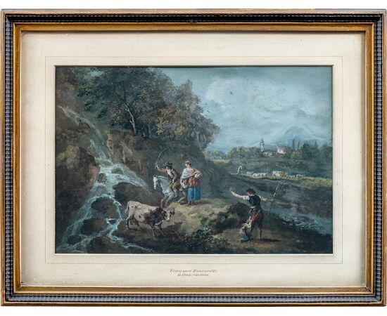 Francesco Zuccarelli (Pitigliano 1702 - Firenze 1788) - Paesaggio fluviale con pastori e armenti.