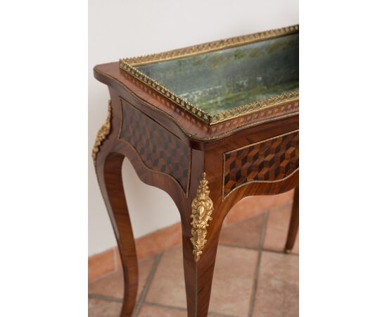 Tavolino-Fioriera antica Napoleone III Francese in legni policromi con applicazioni in bronzo dorato periodo XIX secolo.