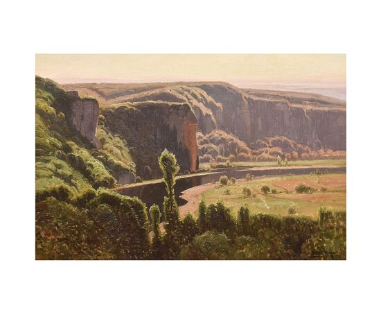 DIPINTI ANTICHI PAESAGGI E FIUME, VALLE DI CORREZE, DIDIER POUGET, OLIO SU TELA, INIZIO XX. (QP657)   