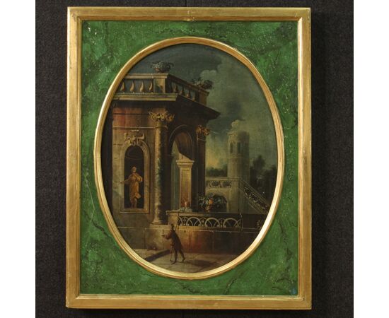 Dipinto italiano veduta con architetture e personaggi del XVIII secolo