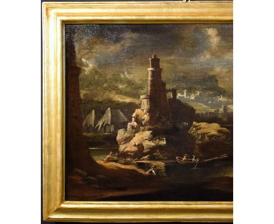 Paesaggio notturno con torre e borghi fortificati