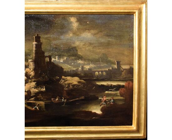 Paesaggio notturno con torre e borghi fortificati