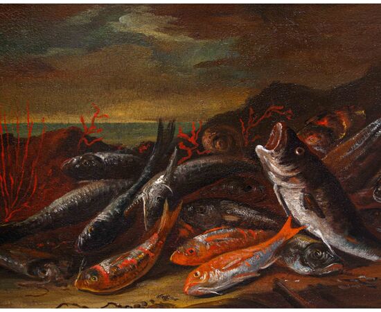 XVII secolo, seguace di Giuseppe Recco (Napoli,1634- Alicante,1695), Natura morta di pesci, calamari, ostriche e coralli sulla spiaggia