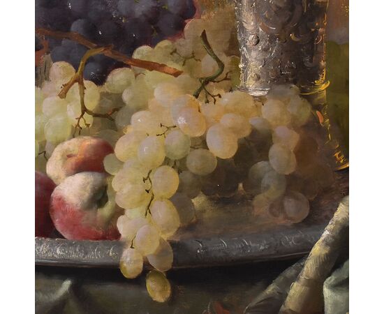 DIPINTI ANTICHI, NATURA MORTA CON FRUTTA, UVA E PESCHE, OLIO SU TELA, XIX SECOLO. (QNM659)