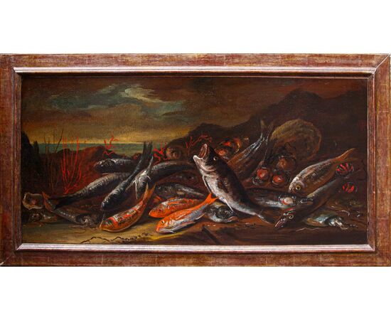 XVII secolo, seguace di Giuseppe Recco (Napoli,1634- Alicante,1695), Natura morta di pesci, calamari, ostriche e coralli sulla spiaggia