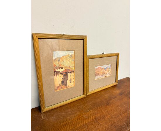 Coppia di acquerelli/olio su carta, firmati Simi sul retro, fine '800, 32x24 e 23x39 cm. Raffiguranti paesaggi, ottimo stato