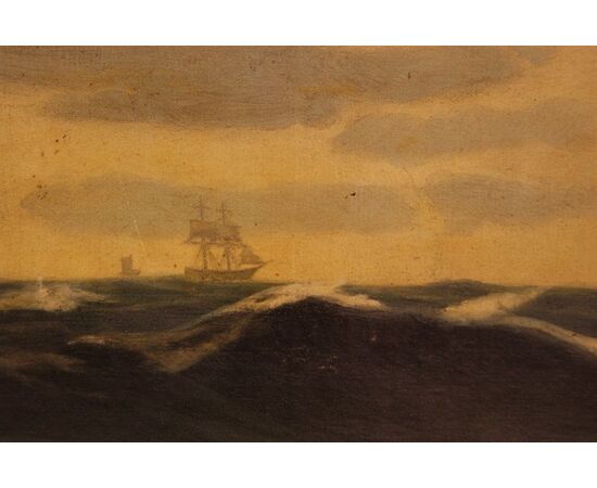 Antico Dipinto olio su tela del 1800 raffigurante veliero in mare 
