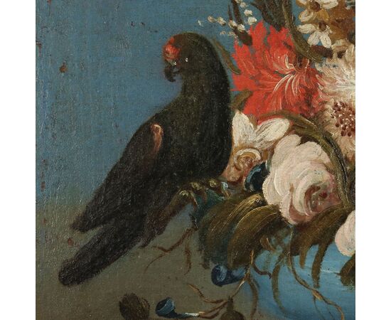 Dipinto Natura morta con Fiori e Pappagallo