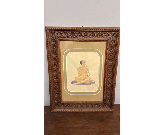 Acquerello firmato Ghuke in cornice noce intagliata arte moderna, 57x44 cm