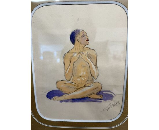 Acquerello firmato Ghuke in cornice noce intagliata arte moderna, 57x44 cm