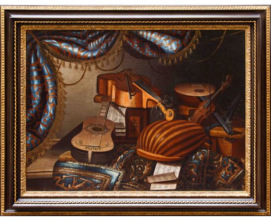 Bonaventura Bettera (1663-1718 post), Natura morta con strumenti musicali, spartito e tappeto
