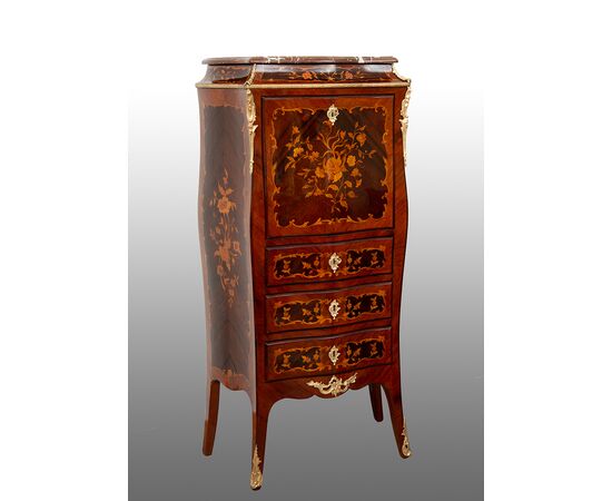 Secretaire Napoleone III Francese in legni esotici pregiati con applicazioni in bronzo dorato. Periodo XIX secolo.