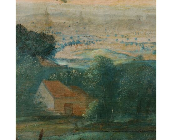 Dipinto Paesaggio con Edifici e Figure