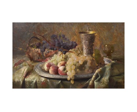 DIPINTI ANTICHI, NATURA MORTA CON FRUTTA, UVA E PESCHE, OLIO SU TELA, XIX SECOLO. (QNM659)
