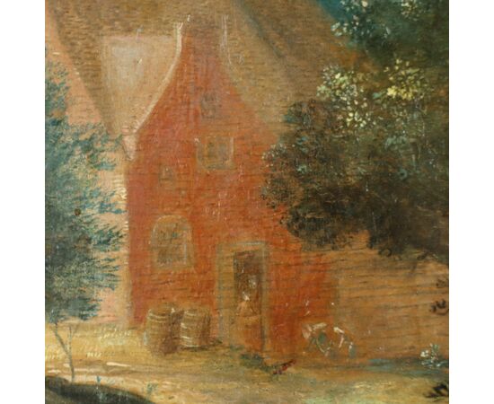 Dipinto Paesaggio con Edifici e Figure