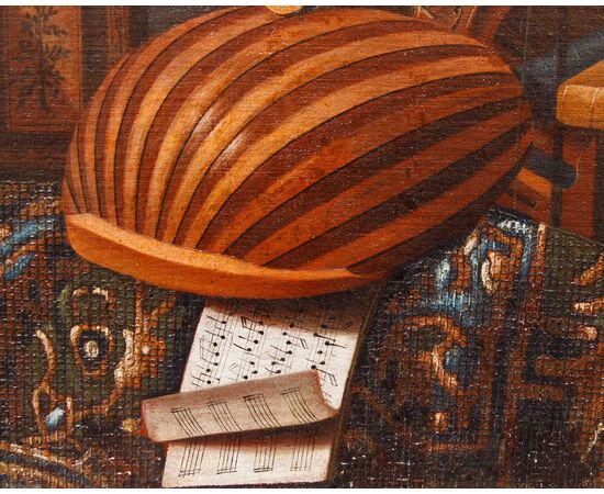 Bonaventura Bettera (1663-1718 post), Natura morta con strumenti musicali, spartito e tappeto