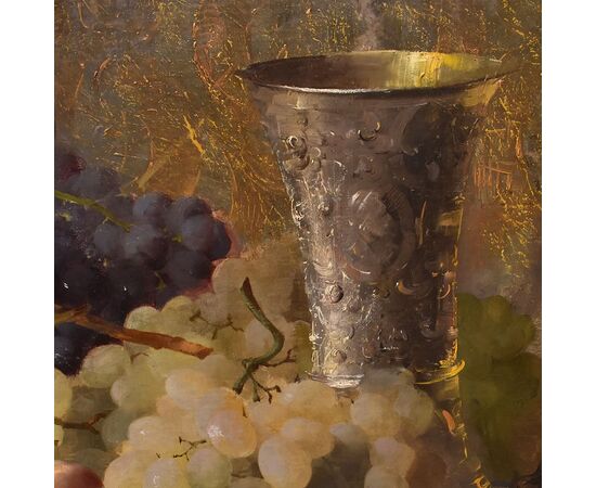 DIPINTI ANTICHI, NATURA MORTA CON FRUTTA, UVA E PESCHE, OLIO SU TELA, XIX SECOLO. (QNM659)