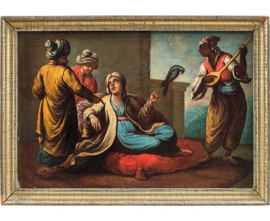Pittore veneziano (XVIII secolo) - Nobili turchi con pappagallo e suonatore.