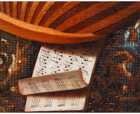 Bonaventura Bettera (1663-1718 post), Natura morta con strumenti musicali, spartito e tappeto