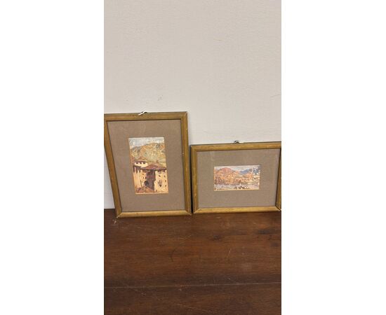 Coppia di acquerelli/olio su carta, firmati Simi sul retro, fine '800, 32x24 e 23x39 cm. Raffiguranti paesaggi, ottimo stato