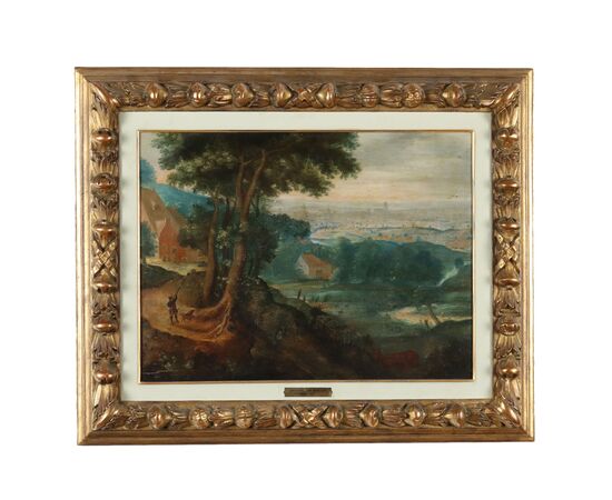 Dipinto Paesaggio con Edifici e Figure