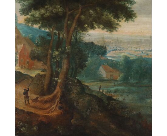 Dipinto Paesaggio con Edifici e Figure