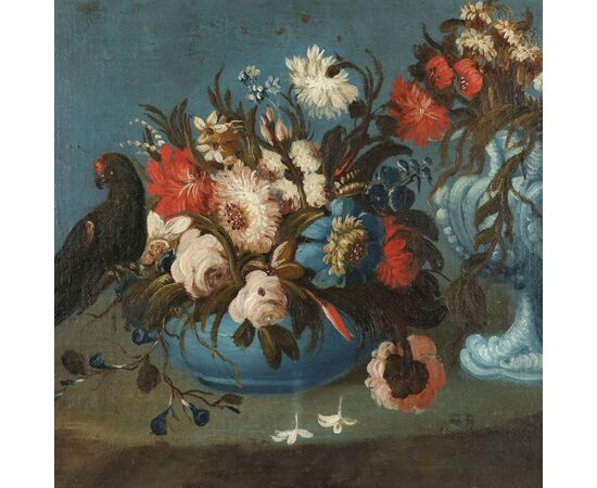 Dipinto Natura morta con Fiori e Pappagallo