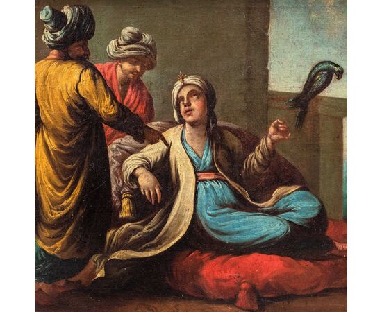 Pittore veneziano (XVIII secolo) - Nobili turchi con pappagallo e suonatore.