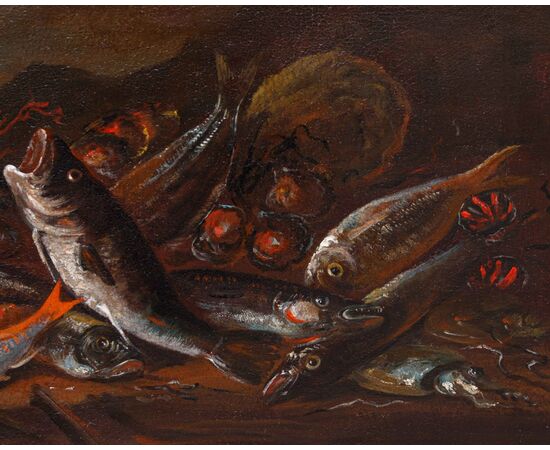 XVII secolo, seguace di Giuseppe Recco (Napoli,1634- Alicante,1695), Natura morta di pesci, calamari, ostriche e coralli sulla spiaggia
