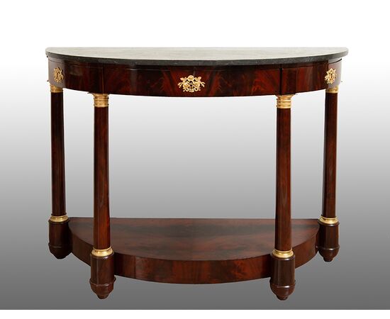 Consolle antica Demi Lune Francese in piuma di mogano con piano in marmo nero del Belgio. Periodo XIX secolo.