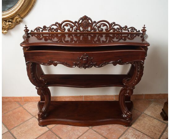 Consolle antica Luigi Filippo Francese in piuma di mogano con cassetto centrale. Periodo XIX secolo.