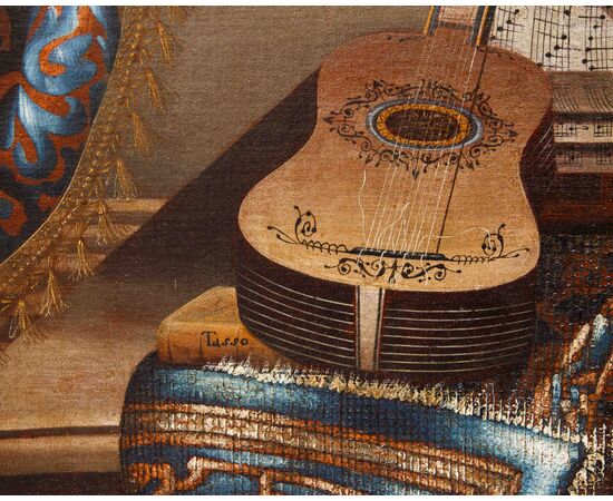 Bonaventura Bettera (1663-1718 post), Natura morta con strumenti musicali, spartito e tappeto