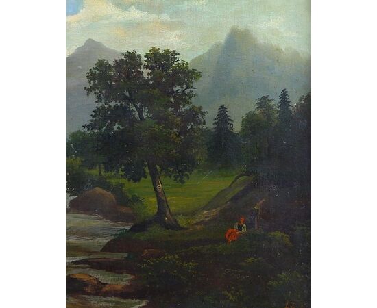 Antico quadro inglese del 1800 Olio su tela inglese raffigurante paesaggio bosco - Firmato
