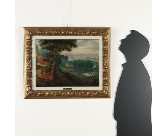 Dipinto Paesaggio con Edifici e Figure